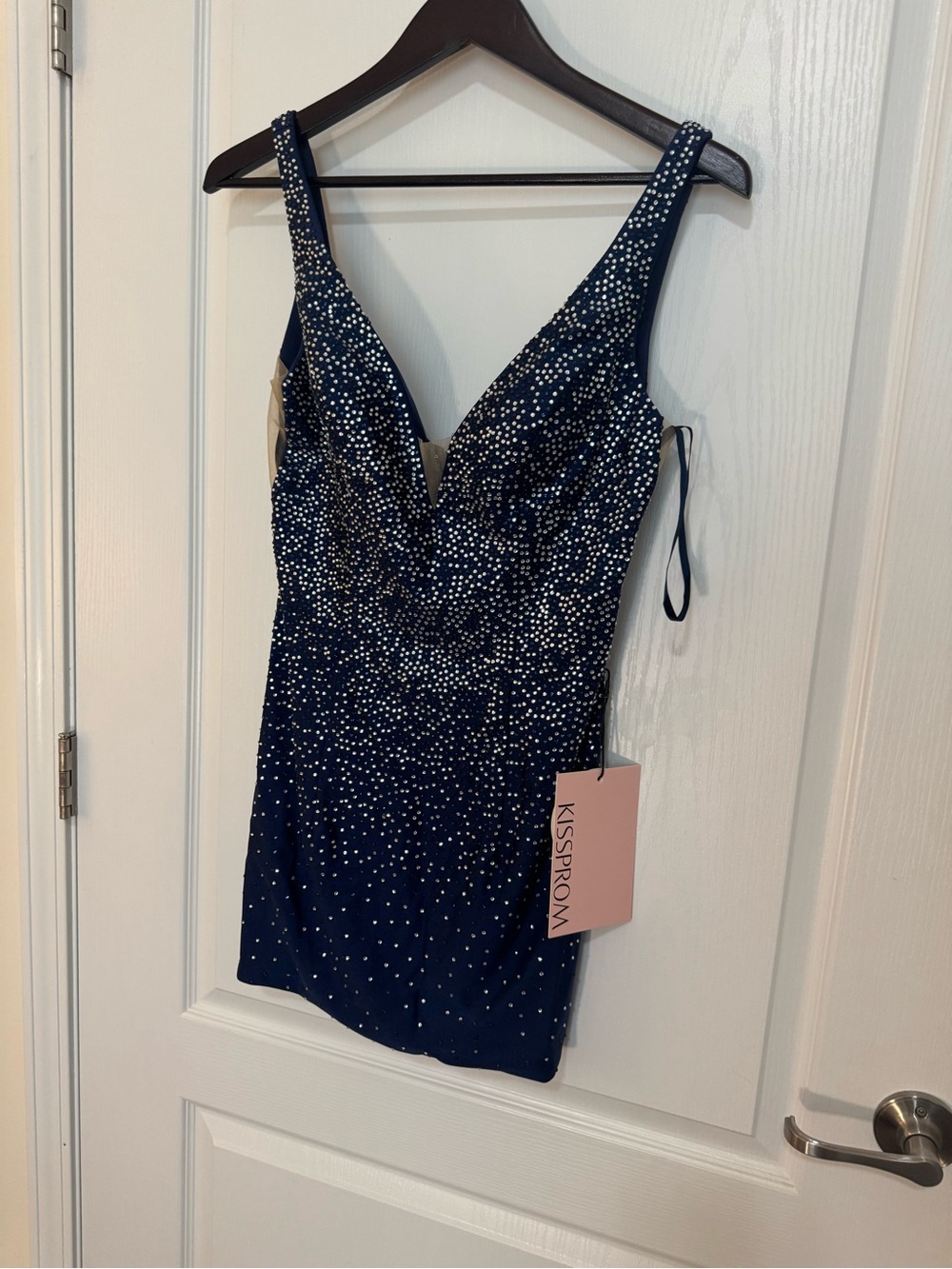 KissProm Navy Crystal-Embellished V-Neck Mini Dress